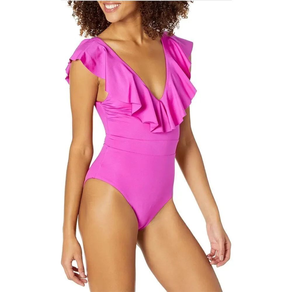 Trina Turk Women's Standard Atlas Ruffle Plunge One Piece Swimsuit Orchid Size 4